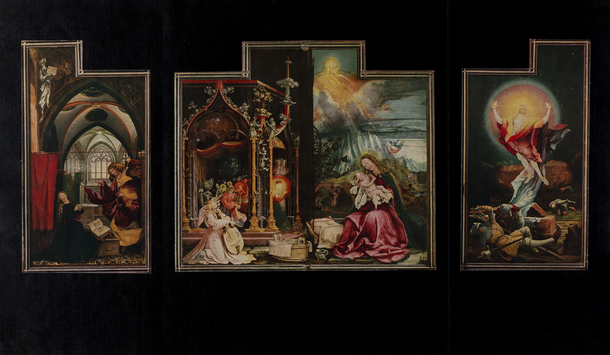 Vorschaubild Matthias Grünewald: Isenheimer Altar, 2. Wandlung, Verkündigung, Engelskonzert, Christi Geburt, Auferstehung